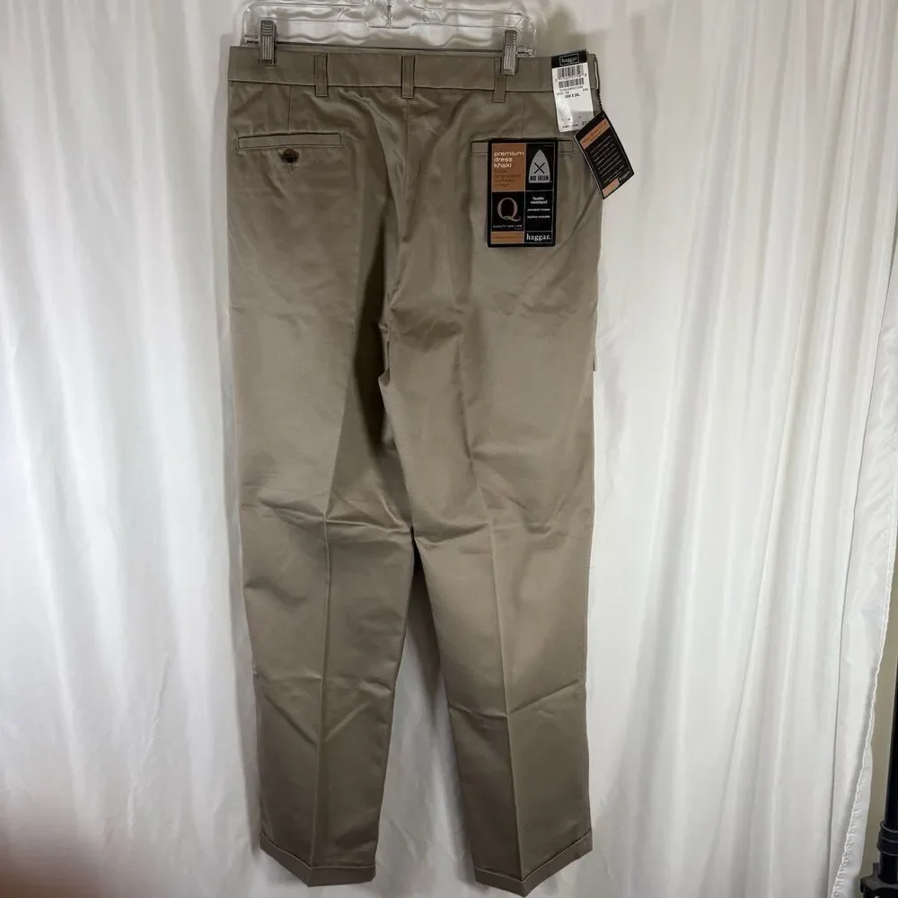 New Haggar Pleated Cuff Men's 36x34 Khaki Long Stable Combed Cotton No Iron